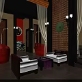 Luxury Private Box Interior With Red Chairs White Sofas Purple Cushions And Patterned Wall