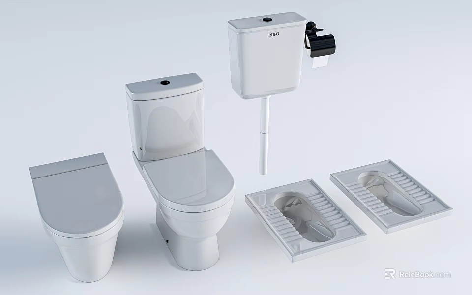 Various Toilet Types Featuring Sitting Squatting Models And Water Tanks 3d model 