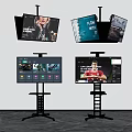 Multiple Televisions On Stands Displaying Various Content And Screens