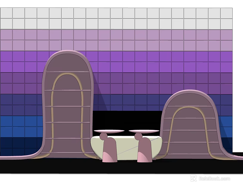 Round Table With Pink Decorations Against Purple Blue Gradient Wall And Curved Structures 3d model