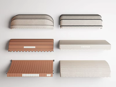 Various Style Outdoor Awnings in Beige and Brown with Striped Scalloped Designs 3d model