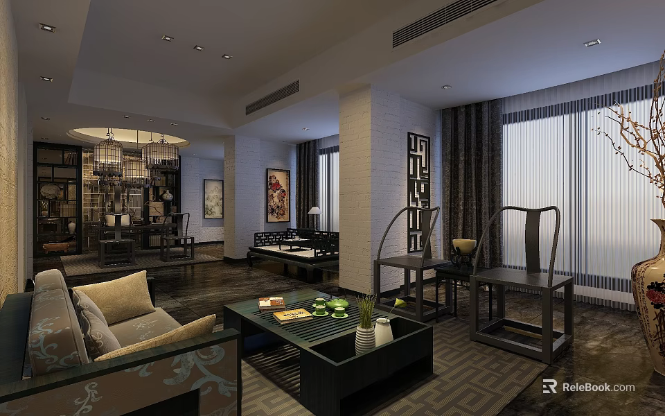 Chinese Style Private Room Interior With Sofa Coffee Table Chandelier And Decorative Paintings 3d model 