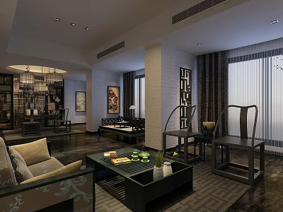 Chinese Style Private Room Interior With Sofa Coffee Table Chandelier And Decorative Paintings 3d model