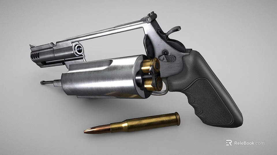 Detailed View Of Silver Metal Revolver With Black Grip And Brass Bullets Firearm 3d model 