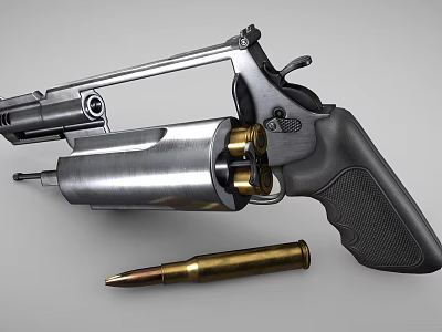 Detailed View Of Silver Metal Revolver With Black Grip And Brass Bullets Firearm 3d model