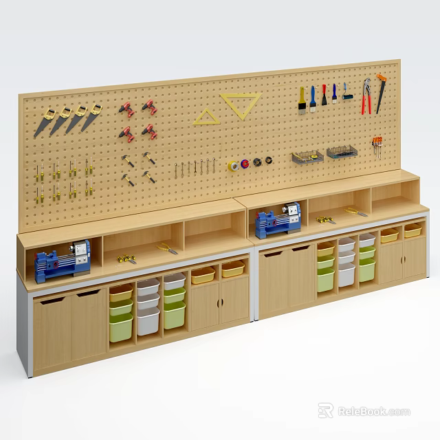 Wooden Tool Pegboard Organizer with Various Tools and Drawers Storage System 3d model 