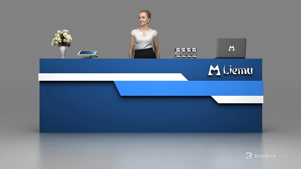Modern Blue and White Reception Desk with Vase Tablet Laptop Liemu Logo and Woman Standing 3d model 