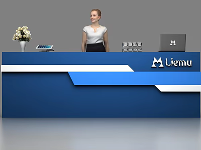 Modern Blue and White Reception Desk with Vase Tablet Laptop Liemu Logo and Woman Standing 3d model