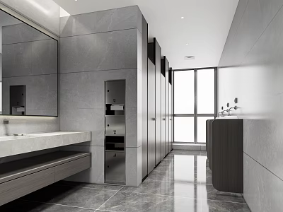 Modern Public Restroom Interior With Grey Walls Cubicles Washbasins Mirrors And Large Windows 3d model