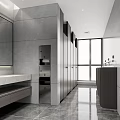 Modern Public Restroom Interior With Grey Walls Cubicles Washbasins Mirrors And Large Windows