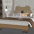 Double Bed with Beige Frame Woven Headboard Cartoon Elements and Pillows