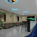 Modern Billiard Room With Multiple Pool Tables Green Felt Blue Carpet And Ceiling Lighting 3d model