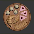 Pink Stand Tray With Assorted Desserts Including Cupcakes Croissants Cake Slices And Cookies