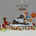 Vibrant Colorful Hot Air Balloon Art Installation With Detailed Surrounding Buildings And Decorative Umbrella Elements