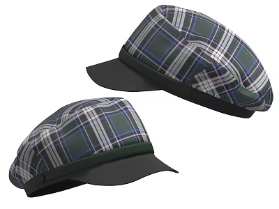 Stylish Green Blue White Plaid Flat Caps With Dark Brim Design 3d model