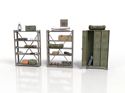 Military Style Storage Shelves And Cabinet With Boxes Rolled Items Lantern And Books 3d model