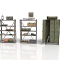 Military Style Storage Shelves And Cabinet With Boxes Rolled Items Lantern And Books