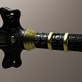 Traditional Sword With Black Blade Green And Gold Hilt On Wooden Stand With Carved Characters