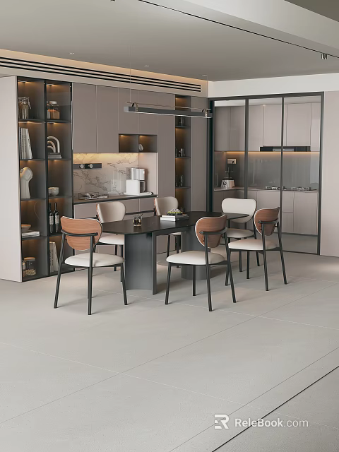 Modern Restaurant Interior Design With Dining Table Wooden Metal Chairs And Cabinets 3d model 