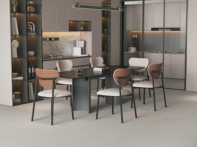 Modern Restaurant Interior Design With Dining Table Wooden Metal Chairs And Cabinets 3d model