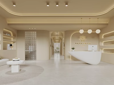 Minimalist Beige Beauty and Hair Salon Interior with Reception Desk Pendant Lights Sofa and Plants 3d model