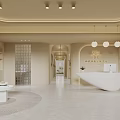 Minimalist Beige Beauty and Hair Salon Interior with Reception Desk Pendant Lights Sofa and Plants