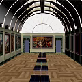 Spacious Art Gallery Interior With Paintings Benches Wooden Floor And Vaulted Ceiling Skylights