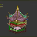 Traditional Chinese Pavilion With Multi tiered Brown Roof Golden Top Hanging Lanterns And Blue Base