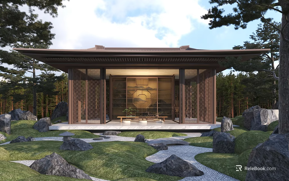 Traditional Chinese Wooden Pergola Design with Lattice Screens Stone Pathway and Green Lawn Surrounded by Trees 3d model 