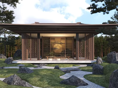 Traditional Chinese Wooden Pergola Design with Lattice Screens Stone Pathway and Green Lawn Surrounded by Trees 3d model