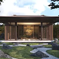 Traditional Chinese Wooden Pergola Design with Lattice Screens Stone Pathway and Green Lawn Surrounded by Trees