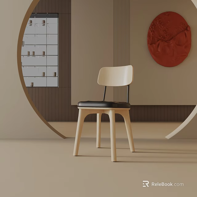 Modern Light Colored Wooden Dining Chair With Black Cushion And Curved Backrest 3d model 
