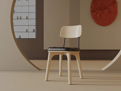 Modern Light Colored Wooden Dining Chair With Black Cushion And Curved Backrest 3d model