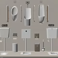 Modern Wall Mounted Urinals With Toilet Paper Dispensers Cleaning Brushes And Toilet Tanks