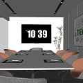 Modern Conference Room With White Table White And Orange Chairs Teamwork Whiteboard And Ceiling Lights