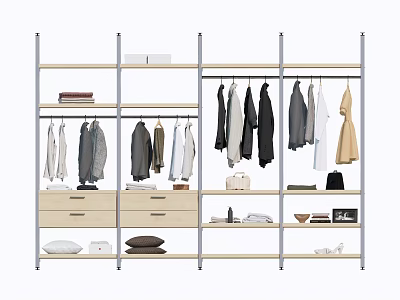 Hanging Clothes in Metal Frame Wardrobe with Wooden Shelves Drawers and Accessories 3d model