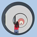 Woman Viewing Mirror In Circular Structure Of Modern Sales Office With White And Pink Walls