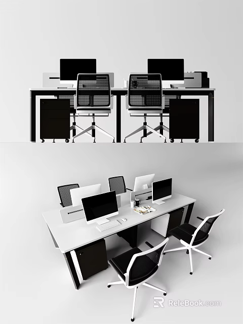 Modern Office Desks With Black Frame White Top Computer Monitors Ergonomic Chairs And Storage Cabinets 3d model 