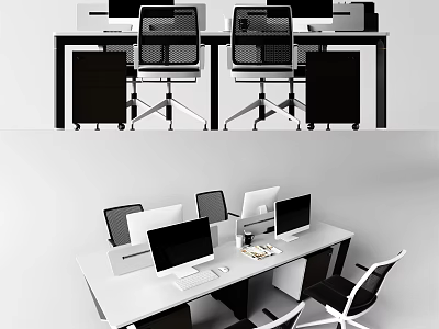 Modern Office Desks With Black Frame White Top Computer Monitors Ergonomic Chairs And Storage Cabinets 3d model