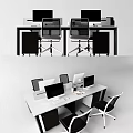 Modern Office Desks With Black Frame White Top Computer Monitors Ergonomic Chairs And Storage Cabinets