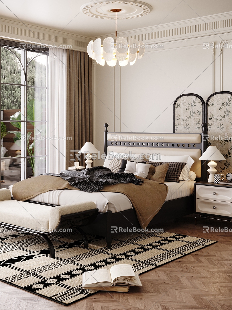 French Bedroom Bed Combination Bedroom Screen Black and White Solid Wood Bed Bedside Cabinet Bed Bench Carpet 3d model