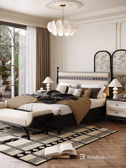 Elegant Modern Bedroom Interior Design With Bed Nightstand Table Lamp Bench And Decorative Mirror 3d model 