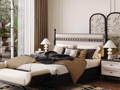Elegant Modern Bedroom Interior Design With Bed Nightstand Table Lamp Bench And Decorative Mirror 3d model