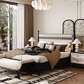 French Bedroom Bed Combination Bedroom Screen Black and White Solid Wood Bed Bedside Cabinet Bed Bench Carpet 3d model