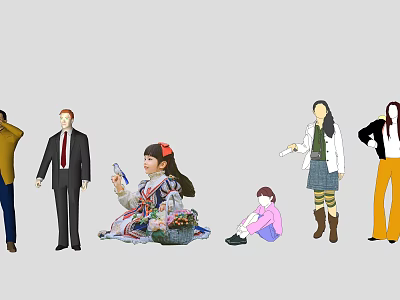 Group of People in Various Clothing Standing Sitting and Holding Items 3d model