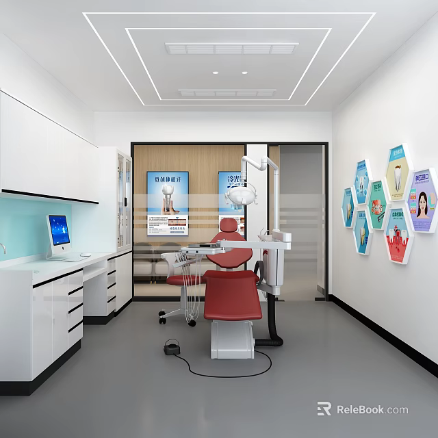 Modern Dental Clinic Treatment Room With Red Chair White Cabinets And Hexagon Decorations 3d model 
