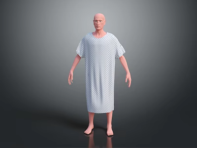 Human Figure Sculpture in Polka Dot Hospital Gown with Bald Head Standing on Gray Background 3d model