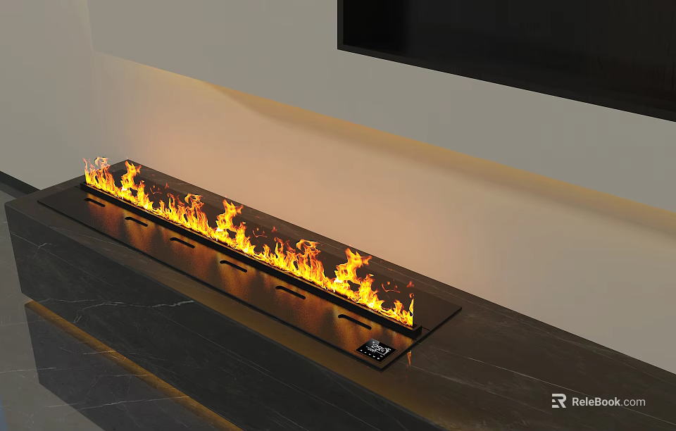 Modern Long Built-in Fireplace with Realistic Flames and Marble Surface 3d model 