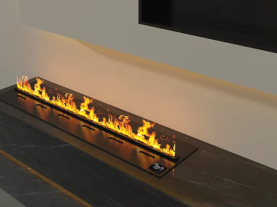 Modern Long Built-in Fireplace with Realistic Flames and Marble Surface 3d model