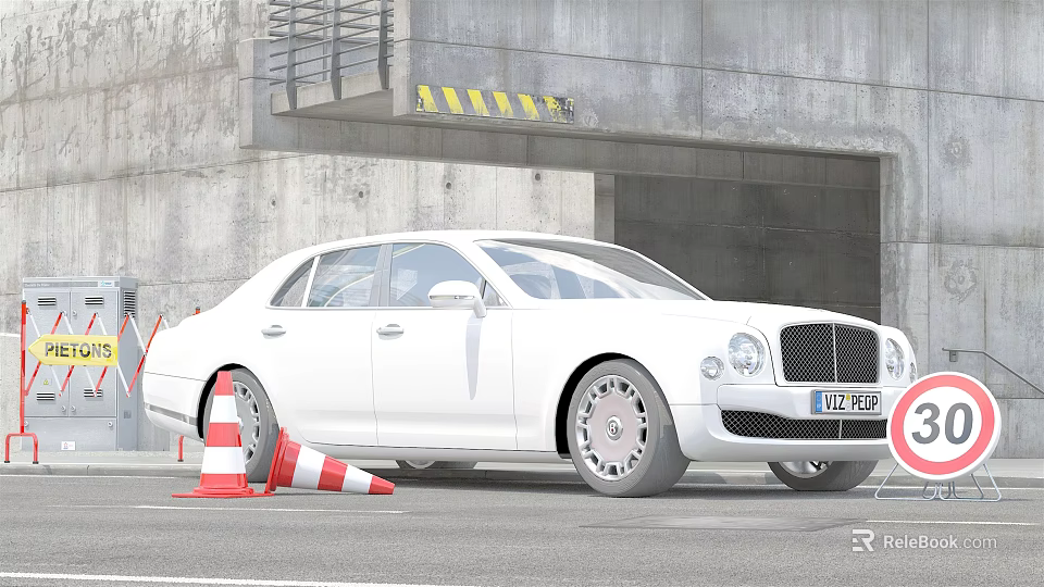 White Luxury Sedan Front View Parked Near Concrete Building With Traffic Cones 3d model 